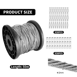 2mm Wire Rope Set 50m, 304 Stainless Steel Heavy Duty Wire Cable, Aircraft Heavy Duty Cable, 7x7 Strand Core, 290kg Breaking Strength with 50 Pcs Crimping Clamps Loop Sleeve