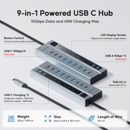 Hub USB C alimentado 9 en 1, pulwtop USB C Hub PD 45 W de carga (no compatible con video), datos de 10 Gbps, 3 USB-C 3.2, 4 puertos USB 3.0 con adaptador de 72 W, Hub alimentado para portátil iMac,