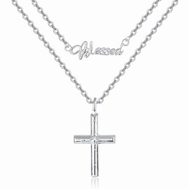 PRAYMOS Cross Chain 925 Sterling Silver Necklace Chains Communion Confirmation Christening Pendant for Women Girls Ladies, Silver, Cubic Zirconia