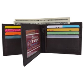 Swiss Marshall Top Grain Leather Wallets for Men RFID Blocking Bifold Wallet with Center Flap ID Window Ultra Strong Stitching Extra Capacity (Brown)