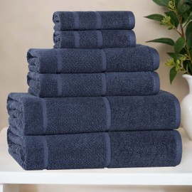 Superior Mile Smart Twist Viscose Cotton Blend Medium Weight Towels, For Guest Bath,V Bathroom, Spa, Quick Dry, Ultra-Soft Towels, Bath Essentials, Border Detail, 6 Piece Assorted Towel Set, Navy Blue