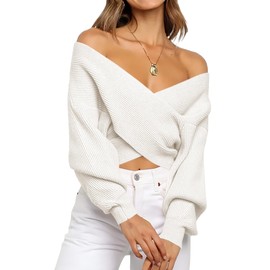 BTFBM Women Casual V Neck Long Sleeve Sweaters Cross Wrap Front Off Shoulder Asymmetric Hem Knitted Crop Solid Pullover(Solid White, Medium)
