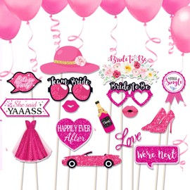 Elevizzle 28pcs Wedding Photo Booth Props, Pink Bride to Be Selfie Props, Future Mrs Party Decorations,Bridal Shower,Bachelorette,Hen Party Accessories