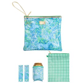 Lilly Pulitzer Water Resistant Vinyl Beach Day Pouch, Zipper Bag Includes Drink Hugger, Small Pouch, and Towel Clips (Dandy Lions)
