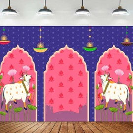 TYOOFD Indian Blue Lotus Cow Pooja Pichwai Backdrop for Traditional Indian Pooja Wedding Housewarming Diwali Ganapati Baby Shower Haldi Ceremonies Indian Wall Art Photo Background 10x7ft BJDWFD412