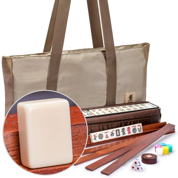 Yellow Mountain Imports American Mahjong Set - Mojave (Ivory) - with Brown Soft Case, All-in-One Racks with Pushers, Wind Indicator, Dice, & Wright Patterson Counting Coins