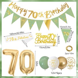 Yontree 70th Birthday Decorations,Sage Green Gold White 70th Birthday Banners Balloons Cake Topper Sash Bunting Flags Number Helium Balloons for Men Women 70th Party Decor