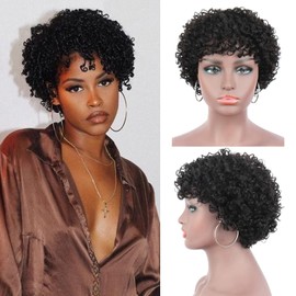 Fereowth Human Hair Wigs Afro Short with Bangs Wig for Women Natural Brazilian Short Afro Curly Human Wig (Black)