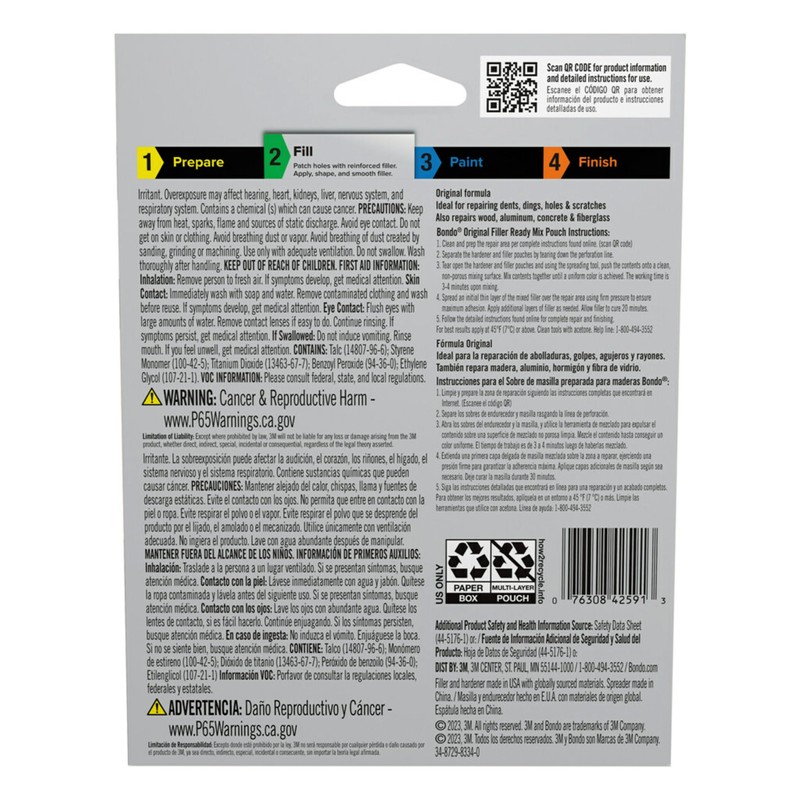 Bondo OR-2PK-ES Original Filler, Ready Mix Pouches, White