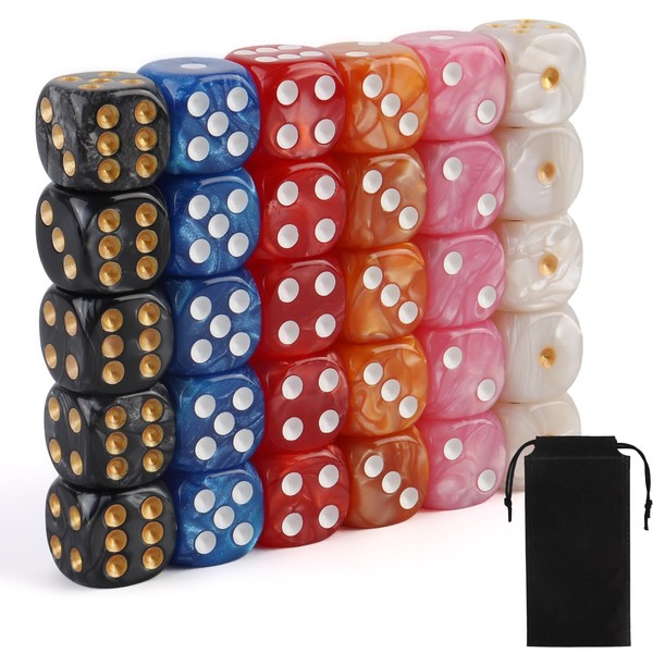 30 Pieces Dices, 16mm Coloured Dice with 6-Sided, Acrylic Dice