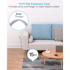 Surge Protector Power Bar 15 Ft Cord, Ultra Thin Flat Extension Cord with 8 Outlets 4 USB Ports(2 USB C), Flat Plug Power Bar, 15 Ft Long Braided Power Cord for Home, Office, Dorm Room Essentials