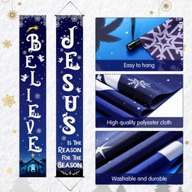 Christmas Front Porch Banners Religious Nativity Scene Sign Holiday Hanging Banner Xmas Decoration for Front Door Believe Jesus Is the Reason for the Season 12 x 71 Inch (Snowflake)