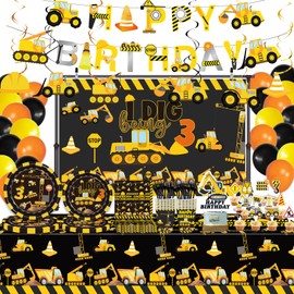 162 Pcs Construction 3rd Birthday Party Supplies Dump Truck Three Tableware Includes Backdrop, Hanging Swirl, Banner, Plates, Cups, Tablecloth for Construction Three Years Old Bday Party Decorations
