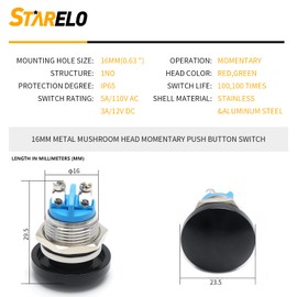 STARELO 16mm Momentary Push Button Switch Mushroom Head,Stainless Steel Metal IP65 Waterproof 2Pin SPST 1NO 5A 250V AC 12V 24V 36V DC 0.63'' Mouting Domed Screw Terminal （Black.