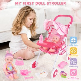 deAO Baby Doll Stroller 12" Baby Doll Set with Foldable Doll Stroller 15 PCS Baby Doll Accessories for Toddlers 3-5 Christmas Birthday Gifts