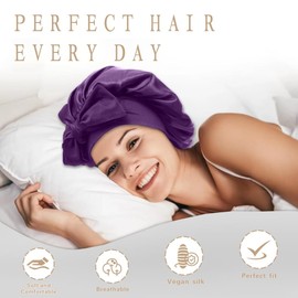 Khxriypha Silk Bonnet for Sleeping Women - Adjustable Hair Bonnet for Curly & Natural Hair, Satin Bonnet with Tie Band, Breathable Night Cap for Hair Protection, Purple