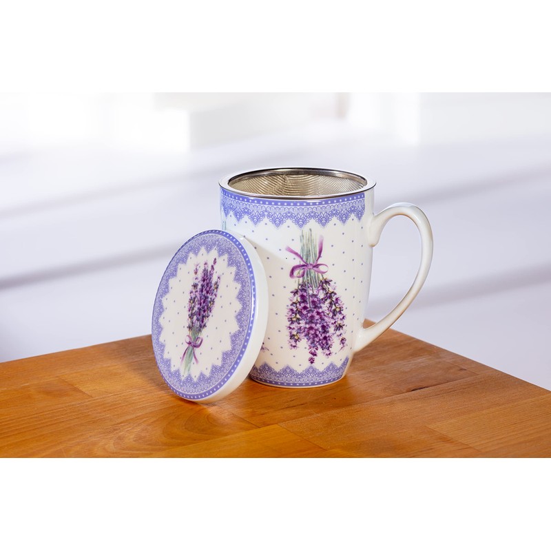 Abbott Collection 27-VALENSOLE-CVT Lavender Print Covered Mug & Strainer, White/Purple