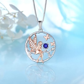 FJ Guardian Angel Pendant Necklace in 925 Sterling Silver, Tree of Life Chain, Butterfly Fairy Necklace with Birthstone, Cubic Zirconia, Jewellery Gifts for Women, Girls