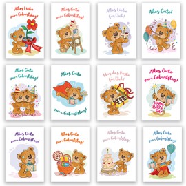 Geburtstagskarte Glückwunschkarten Set mit 12 Geburtstagskarten Postkarte 2 Seitig mit Umschlägen Bär Bärchen Luftballons Geschenk Happy Birthday für Kinder Mädchen Jungen