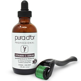Purador 25% Vitamin C Serum 4oz + 0.25mm Derma Roller Set - Hyaluronic Acid & Retinol Microdermabrasion Skincare Cosmetic Kit for Face and Eye Dark Spots for Men and Women / 푸라 도르 25% 비타민 C 세럼 4온스 + 0.25mm 더마 롤러 세트 - 얼굴과 눈 다크 스팟을 위한 히알루론산 & 레티놀 마이크로더마브레이션 스킨케어 화장품 키트 남녀용