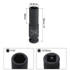 sourcing map 7/16 Inch SAE Deep Impact Socket 1/2 Inch Drive 6 Point Design CR-MO Steel Nut Impact Grade Socket for Auto Repair