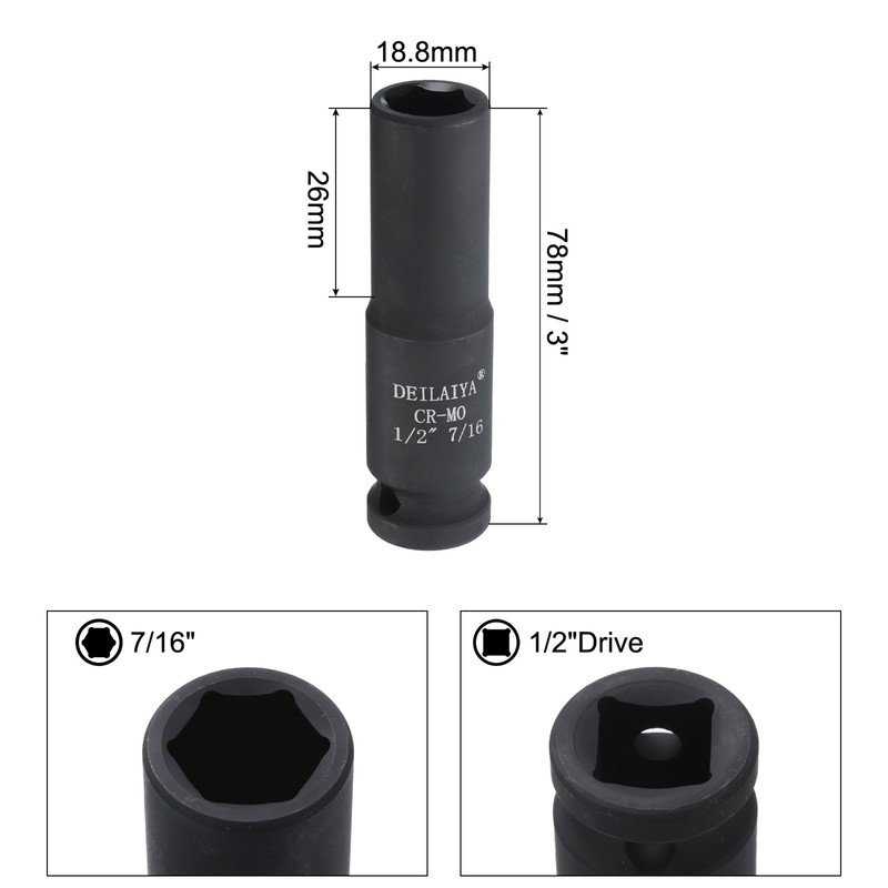 sourcing map 7/16 Inch SAE Deep Impact Socket 1/2 Inch