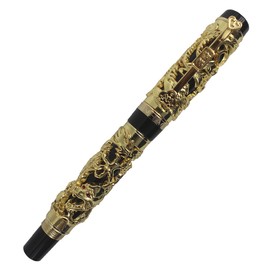 Abcsea Collectable Luxury Carved Dragon and Phoenix Medium Tip Fountain Pen - Gold & Black