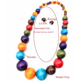 Colorful African Wooden Beaded Choker Neckalce Drop Dangle Earrings Set Chunky Strands Beads Large Bib Collar for Women 60's 70s Wedding Bohemain Jewelry-Wooden