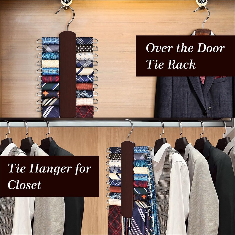 2 Pack Tie Rack for Closet, Premium Wooden Necktie Organizer
