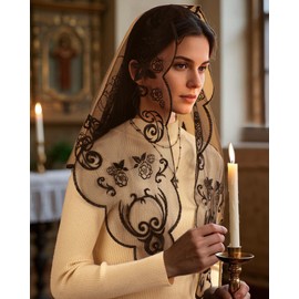 Bozidol Mantilla Catholic Veil Triangle Lace Church Veils for Women Embroidered Holy Cross and Rose Christian Head Covering Black
