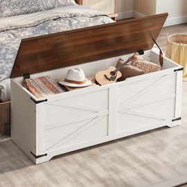 DWVO Storage Bench, 47.2" Farmhouse Storage Chest with 2 Safety Hinges, Wooden Storage Organizer, Shoe Bench for Entryway, Bedroom, Living Room, White and Walnut