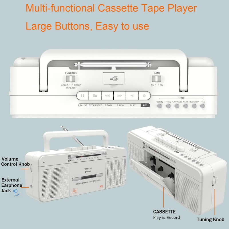 Cassette Player Boombox, Portable AM/FM Radio Stereo with Bluetooth, USB,