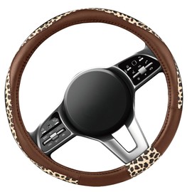 Road Comforts Steering Wheel Cover - Made with PVC Leather and Leopard Fabric - Universal 14 1/2 inches to 15 inches for Most Automotive Steering Wheel - Cheetah Print - Brown