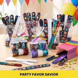 MCPINKY Slap Bracelets, 48PCS Kids Slap Wristbands with UFO Astronaut Space Stars Pattern Snap Bracelets for Party Favor New Year Gifts School Classroom Prize Exchange