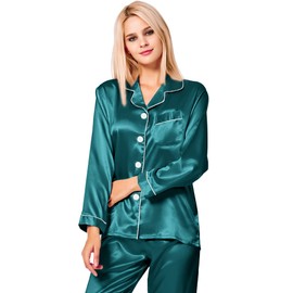 SWOMOG Womens Satin Silk Pajamas Long Sleeve Sleepwear Two Pieces Loungewear Button Down Pjs Set Green X-Large