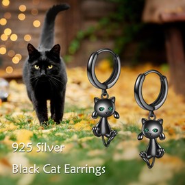 VONALA Black Cat Hoop Earrings for Women Sterling Silver Cat Earrings Dangle Black Cat Jewelry Gifts Birthday