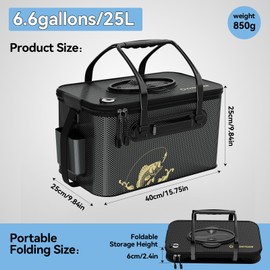 Fishing Bucket Foldable， 6Gallon/8Gallon/10Gallon,Live Fish Container Multi-Functional Live Fish Bait Bucket,for Fishing, Camping, Moving (Black, 6 gallons)