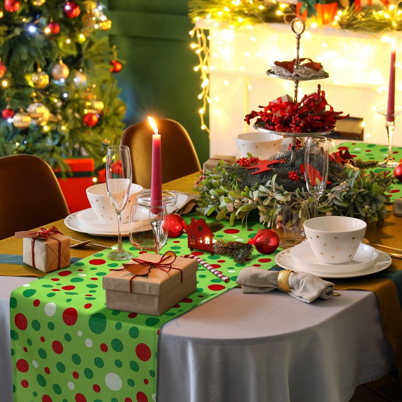 2 Pcs Christmas Table Runner Red and Green Polka Dot
