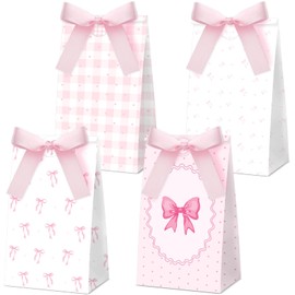 12Pcs 3D Pink Bow Favor Bags with Stickers Pink Bowknot Paper Gift Bags Bow Coquette Party Favor Candy Goodie Bag for Girls Women Birthday Engagement Baby Bridal Shower Bachelorette Party Supplies