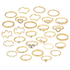 28Pcs Gold Plated Stacking Ring Set for Women Teen Dainty Thumb Stackable Rings Gold CZ Non Tarnish Rings Plain Band