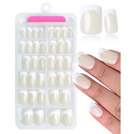 AddFavor French Tip Press on Nails Short Square Nail Tips,120pcs White French Nails Press on Acrylic Artificial Glitter Nude Fake Nails with Adhesive Tab for Women