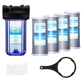 Geekpure 10 Inch Whole House Water Filtration System with Carbon Block Filter 10-Inch Big Clear Housing-1"NPT Inlet/Outlet - 4.5"x 10" -5 Micron-Pack of 5