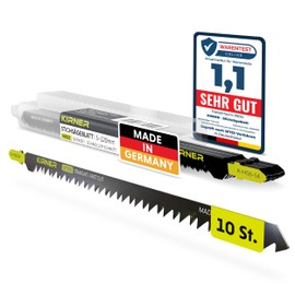 KIRNER Jigsaw Blades Wood Pack of 10 [Up to 5x More Cuts] Extra Long for Quick, Coarse Cuts (5-120 mm) in Wood and Plastic - for All T-Shank Jigsaws - Long Jigsaw Blades