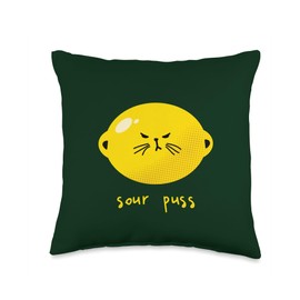 Sour Puss Cat Face On Lemon Cute Grumpy Sourpuss Curmudgeon Throw Pillow