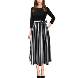 VFSHOW Womens Black and White Striped Print Spring Fall Elegant Patchwork Pockets Belted Work Business Office Casual Party Pleated A-Line Midi Dress 3733 STP BLK S