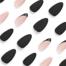 24PCS Press on Nails Short Long French Tips - Fake Nails, Glue on Nails, Reusable False Nails, Acrylic Stick on Nails for Women and Girls (Black Gold Line)