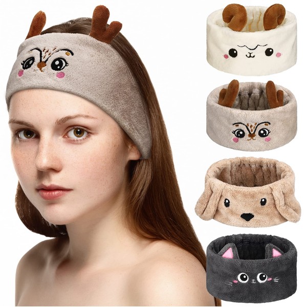 4 Pieces Makeup Spa Headband Animal Headband for Washing Face Coral Fleece Cosmetic Headband Plush Animal Ears Shower Hairband for Women Girls (Cute Style)