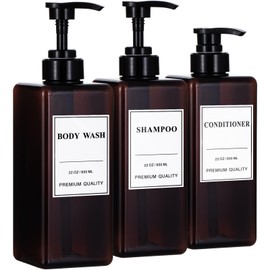 Yeeco 3 Pack Soap Dispenser 22OZ/650ML, Shampoo and Conditioner Dispenser with Hand Pump Dispense, Empty Shampoo Bottles Refillable Liquid for Bathroom Hotel Kitchen, Labels for Shower Bottles, Brown