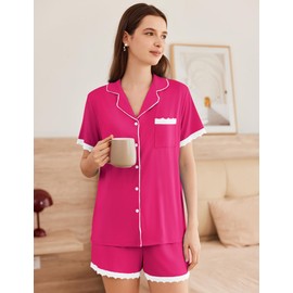 Ekouaer Womens Short Sleeve Pajamas Set Soft Sleepwear Button Down Lounge Set Lace Top and Shorts Pj Nightwear Rose Red