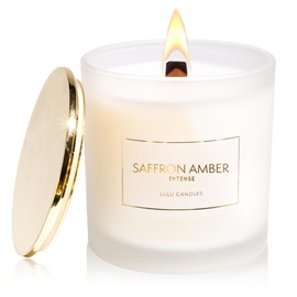 Lulu Candles | Saffron & Amber Intense | Smells Woody & Floral | Luxury Scented Candle w/Wood Wick | Hand Poured in The USA | Highly Scented (9 Oz. with Gold Lid)